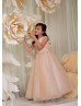 Pearl Neck Champagne Satin Tulle Ankle Length Flower Girl Dress
